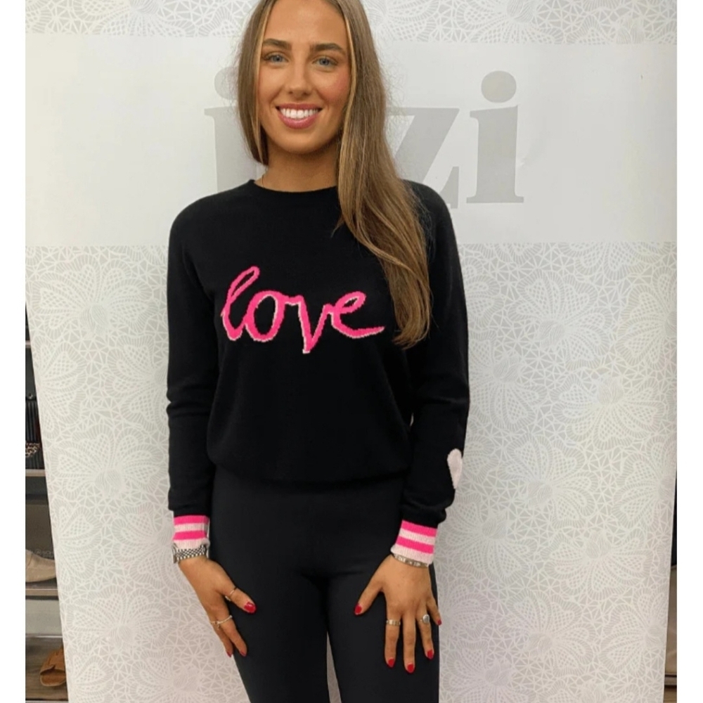 Brodie | 100% Cashmere Sweater Jumper Black Pink Love Graphic Valentine's Day S - Picture 1 of 10